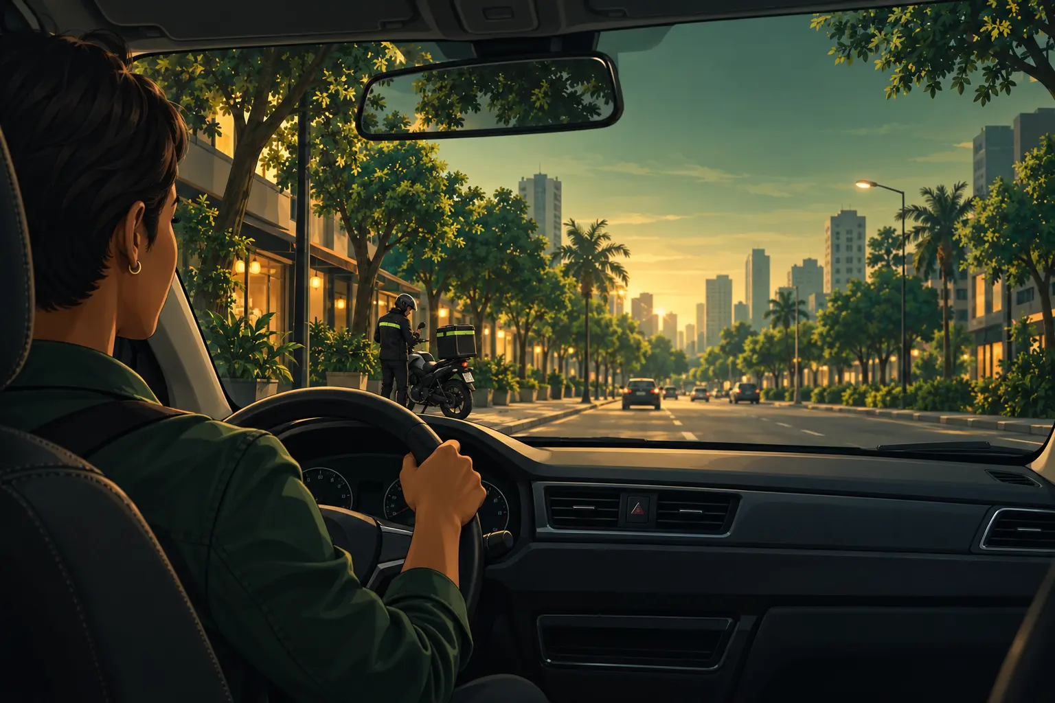 Ilustração da vista de dentro de um carro, com motorista, avenida e entregador ao fundo