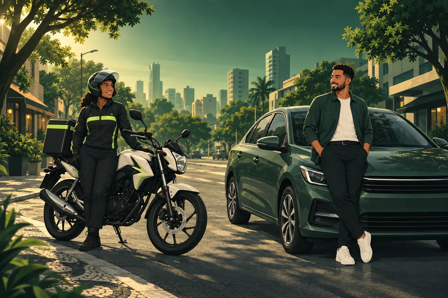 Ilustração de uma entregadora ao lado da moto e um motorista junto ao carro em uma avenida